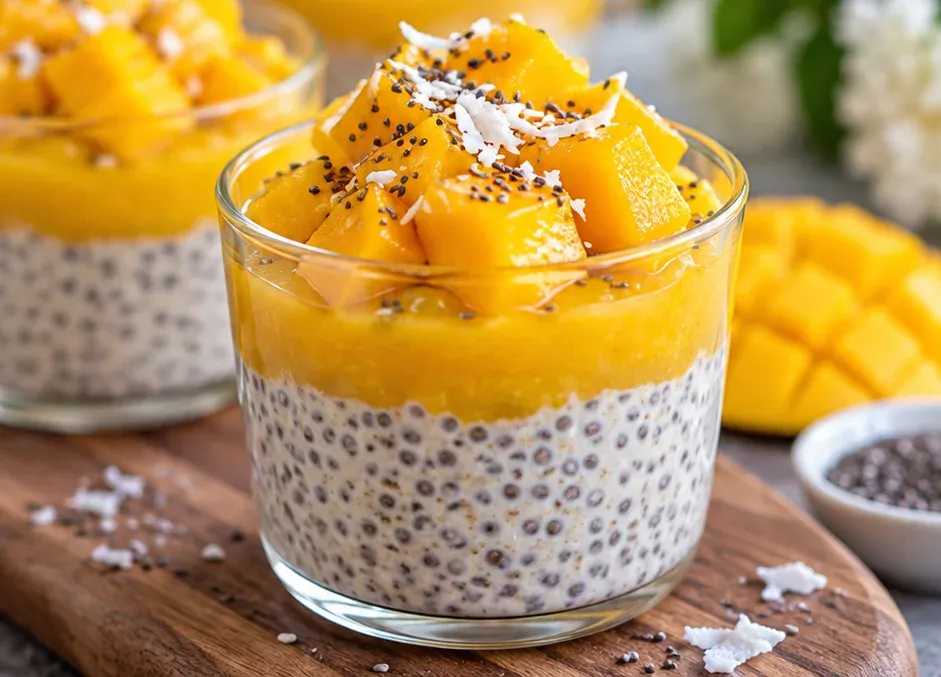 Outra foto de copinhos de Pudim de Chia com Manga