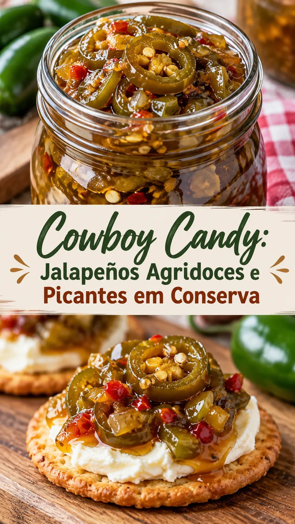 Imagem para o Pinterest com o título “Cowboy Candy: Jalapeños Agridoces e Picantes em Conserva” e duas fotos da receita