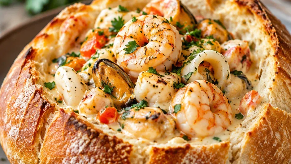 Foto de creme de Frutos do Mar no Pão Italiano pronto para servir