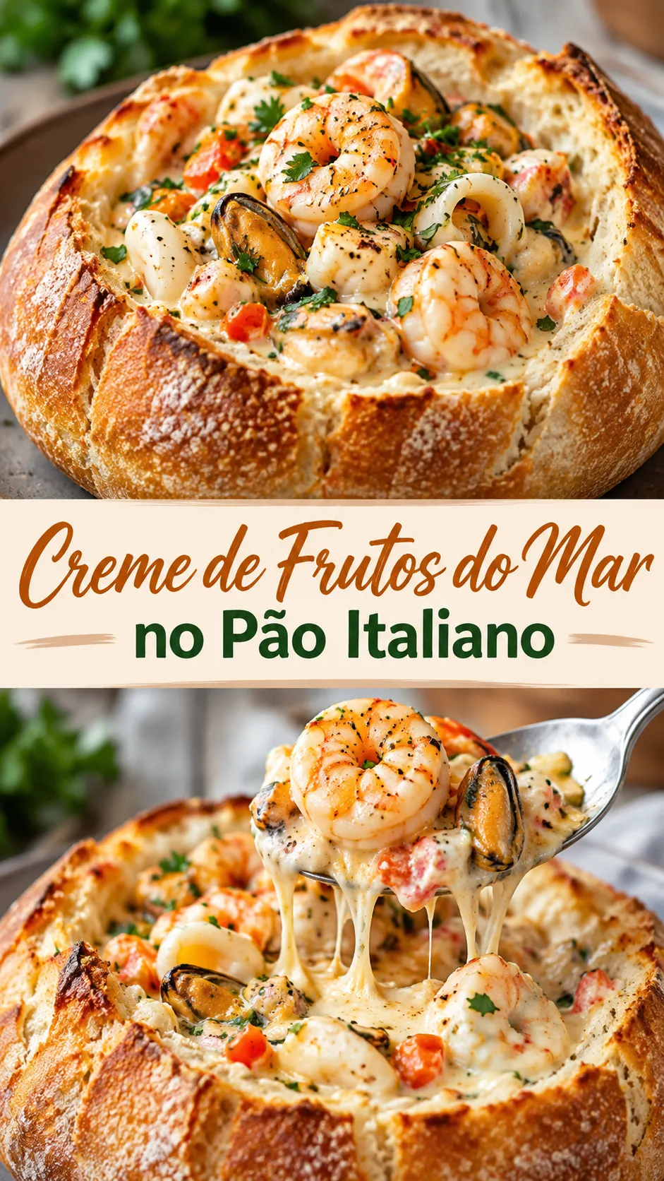 Imagem para o Pinterest com o título “Creme de Frutos do Mar no Pão Italiano” e duas fotos da receita