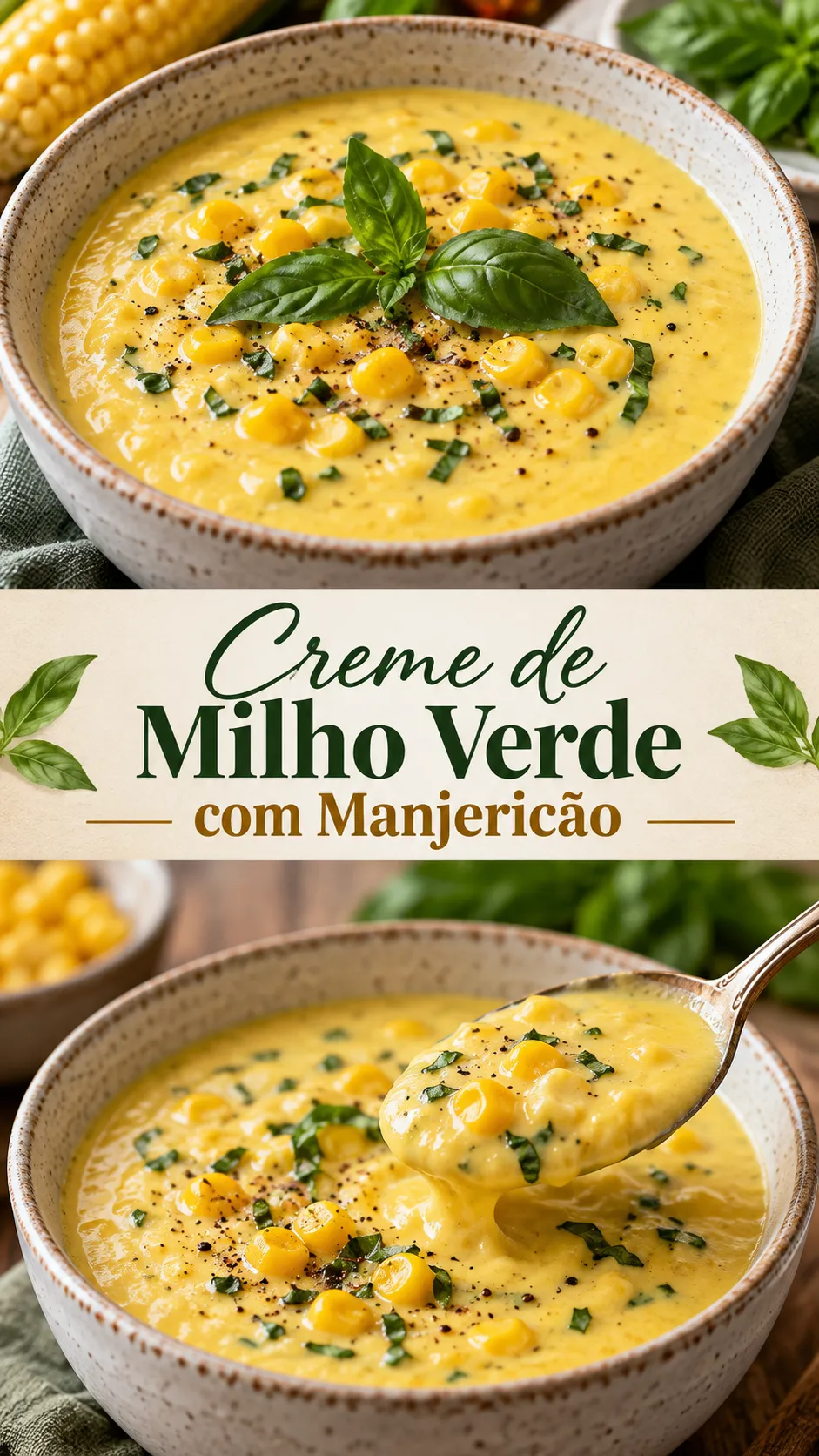 Imagem para o Pinterest com o título “Creme de Milho Verde com Manjericão” e duas fotos da receita