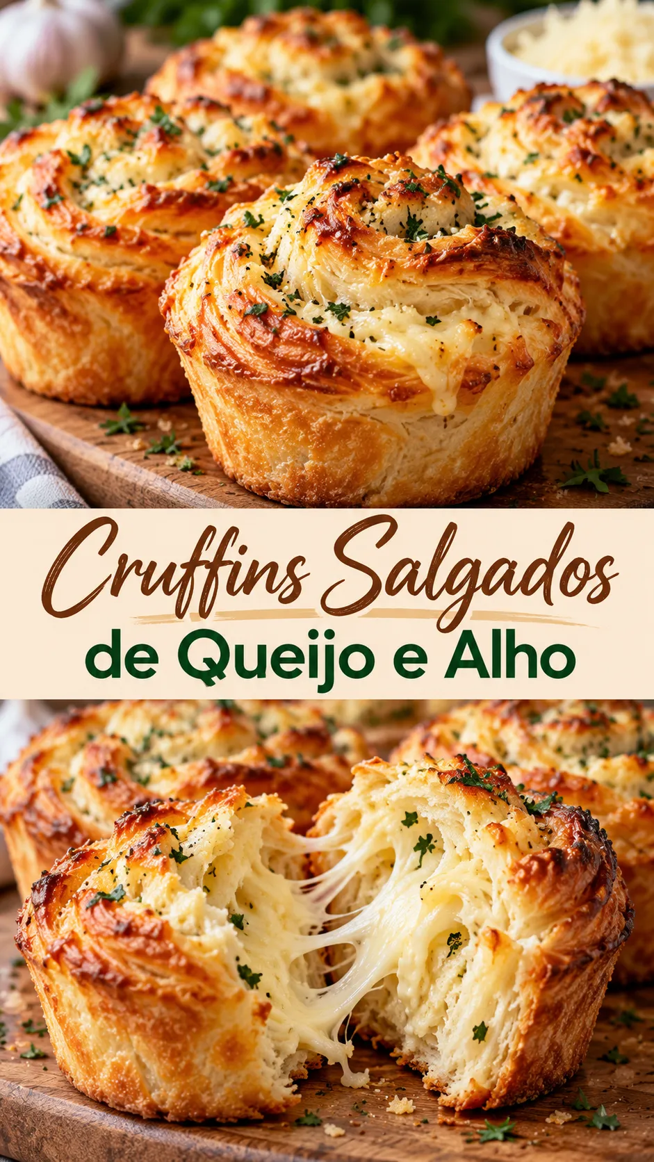 Imagem para o Pinterest com o título “Cruffins Salgados de Queijo e Alho” e duas fotos da receita