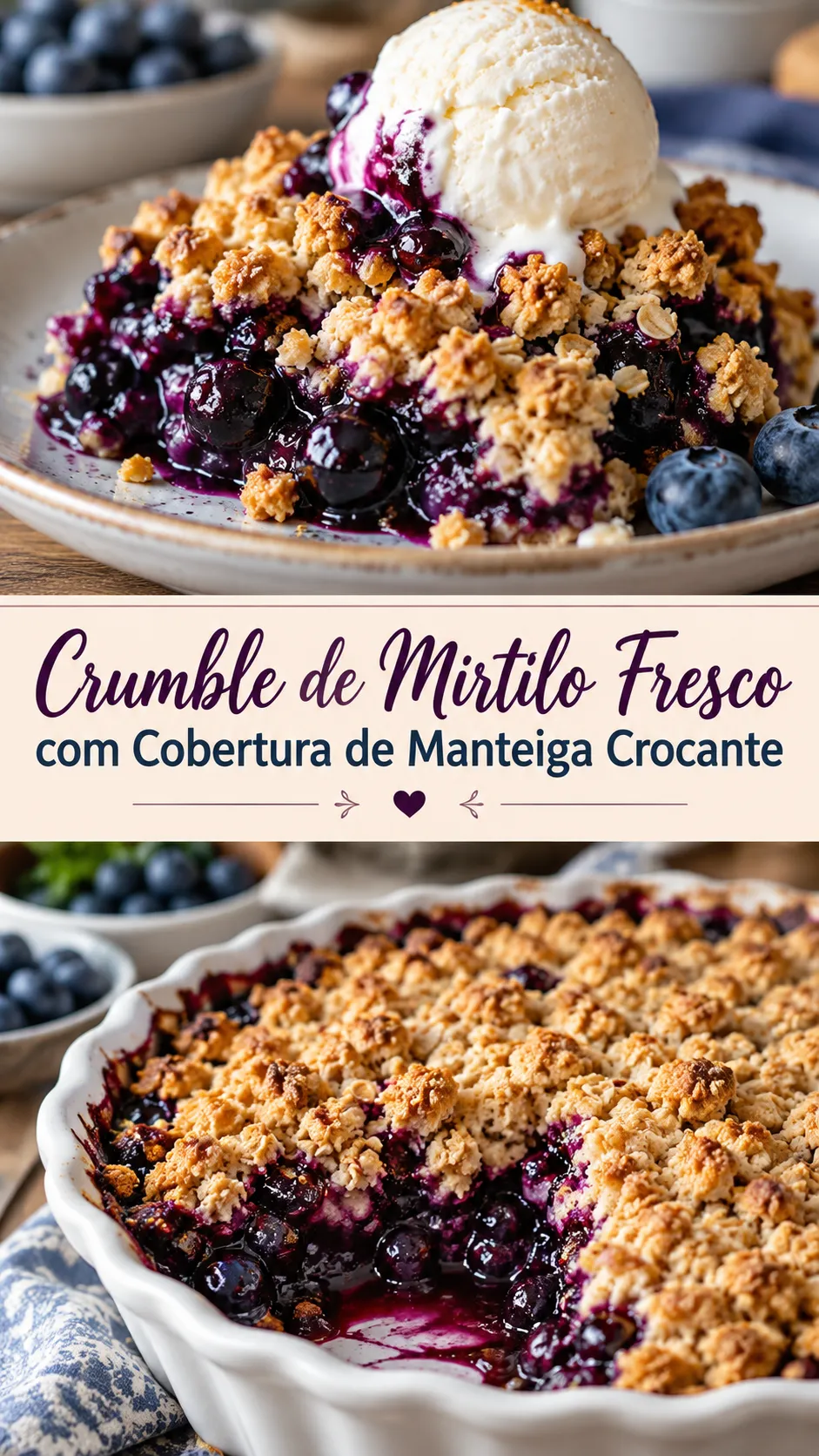 Imagem para o Pinterest com o título “Crumble de Mirtilo Fresco com Cobertura de Manteiga Crocante” e duas fotos da receita