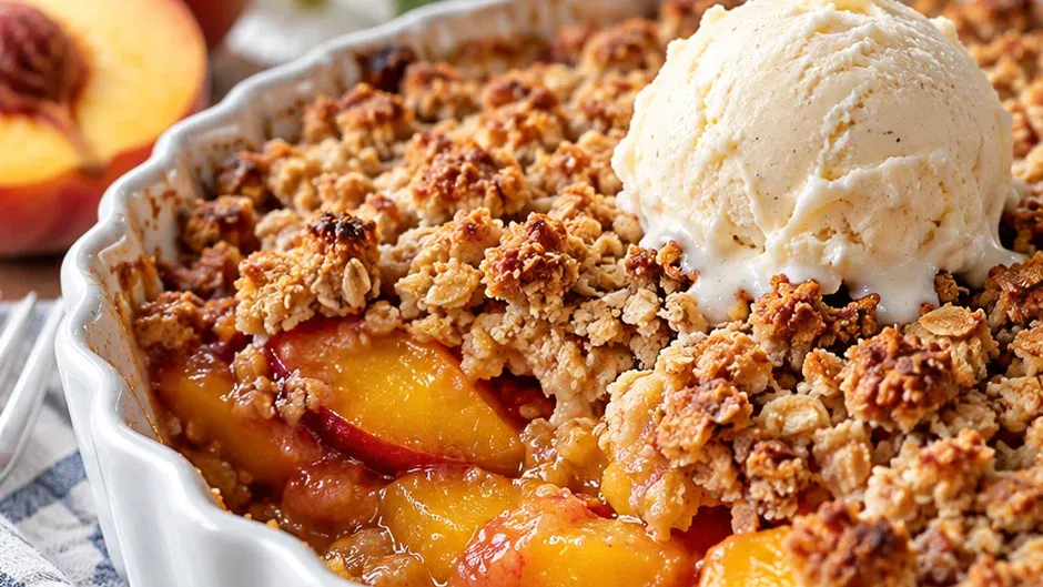 Foto de crumble de Pêssego com Manteiga Tostada para o Verão pronto para servir