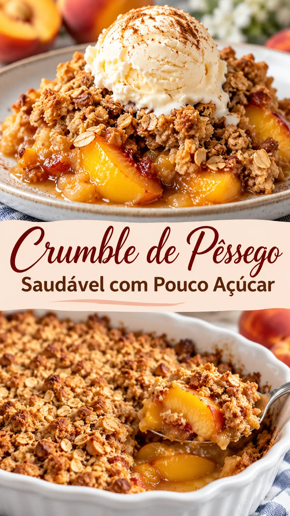 Imagem para o Pinterest com o título “Crumble de Pêssego Saudável com Pouco Açúcar” e duas fotos da receita