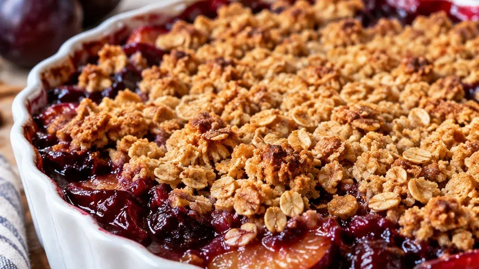 Foto de crumble Fácil de Ameixa com Cobertura de Aveia e Canela pronto para servir
