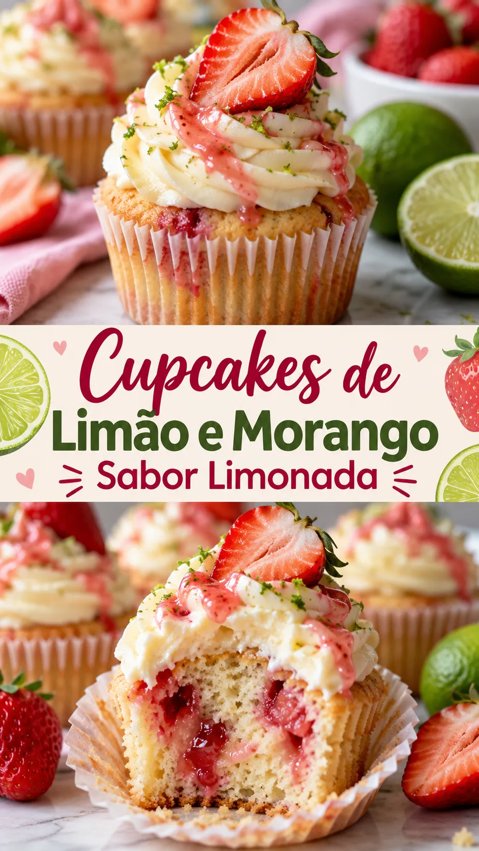 Imagem para o Pinterest com o título “Cupcakes de Limão e Morango Sabor Limonada” e duas fotos da receita
