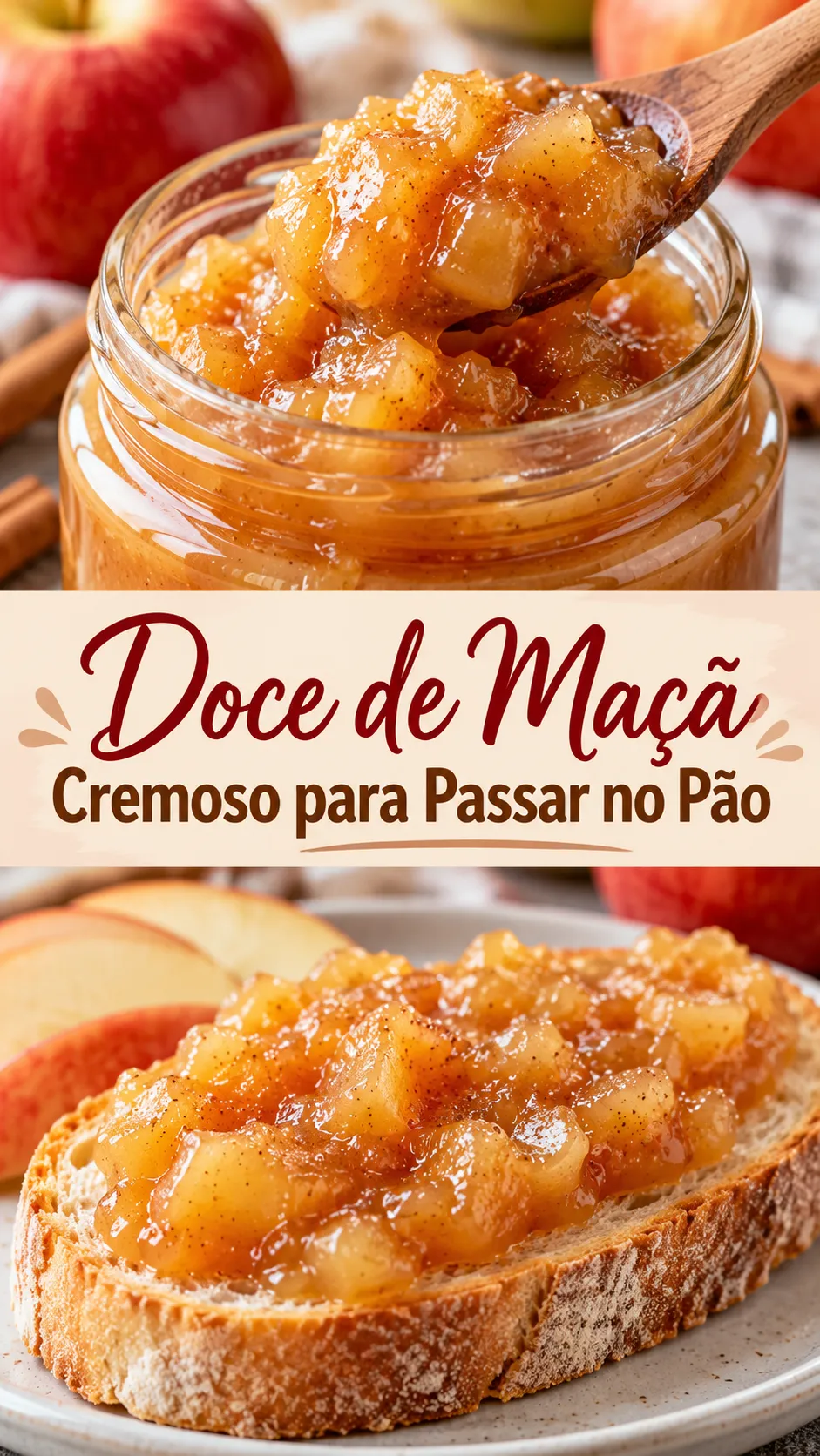 Imagem para o Pinterest com o título “Doce de Maçã Cremoso para Passar no Pão” e duas fotos da receita