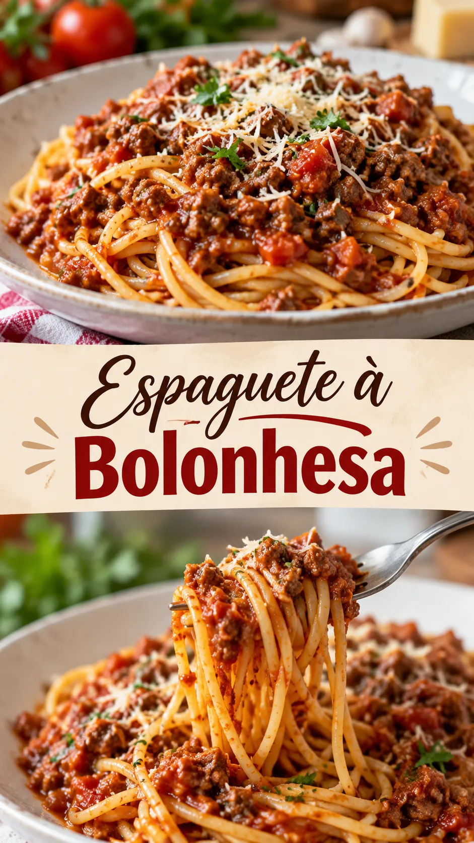 Imagem para o Pinterest com o título “Espaguete à Bolonhesa” e duas fotos da receita