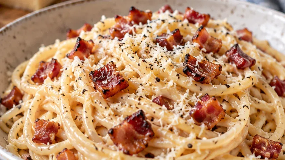 Foto de espaguete à Carbonara Cremoso com Creme de Leite (Sem Ovos) pronto para servir