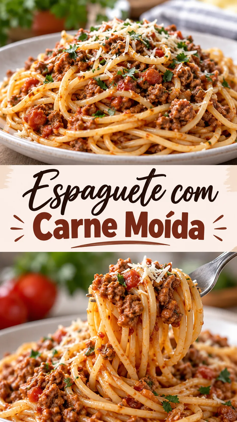 Imagem para o Pinterest com o título “Espaguete com Carne Moída” e duas fotos da receita