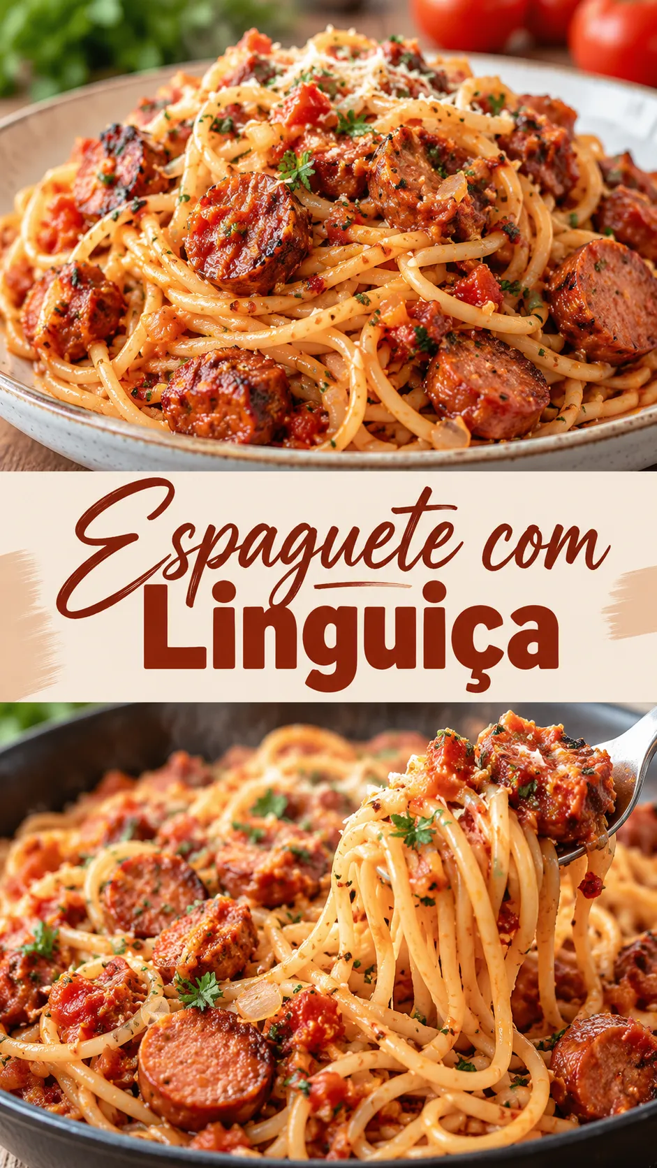 Imagem para o Pinterest com o título “Espaguete com Linguiça” e duas fotos da receita