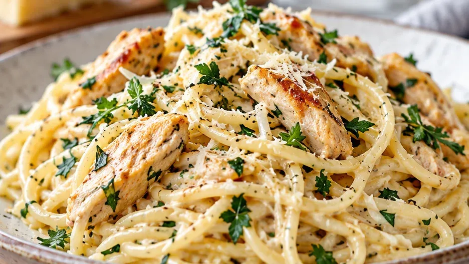 Foto de espaguete Cremoso com Frango, Ervas e Manteiga pronto para servir