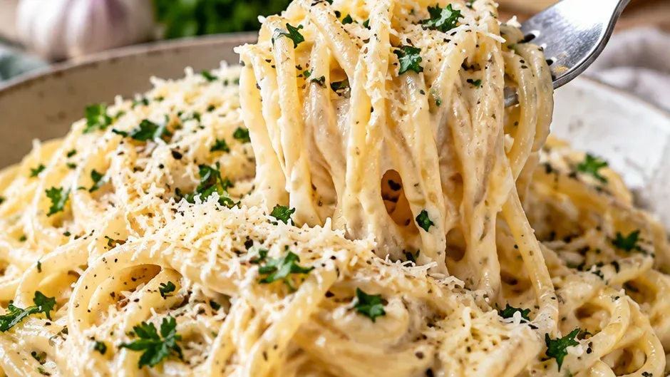 Foto de espaguete Cremoso com Molho de Alho e Parmesão pronto para servir