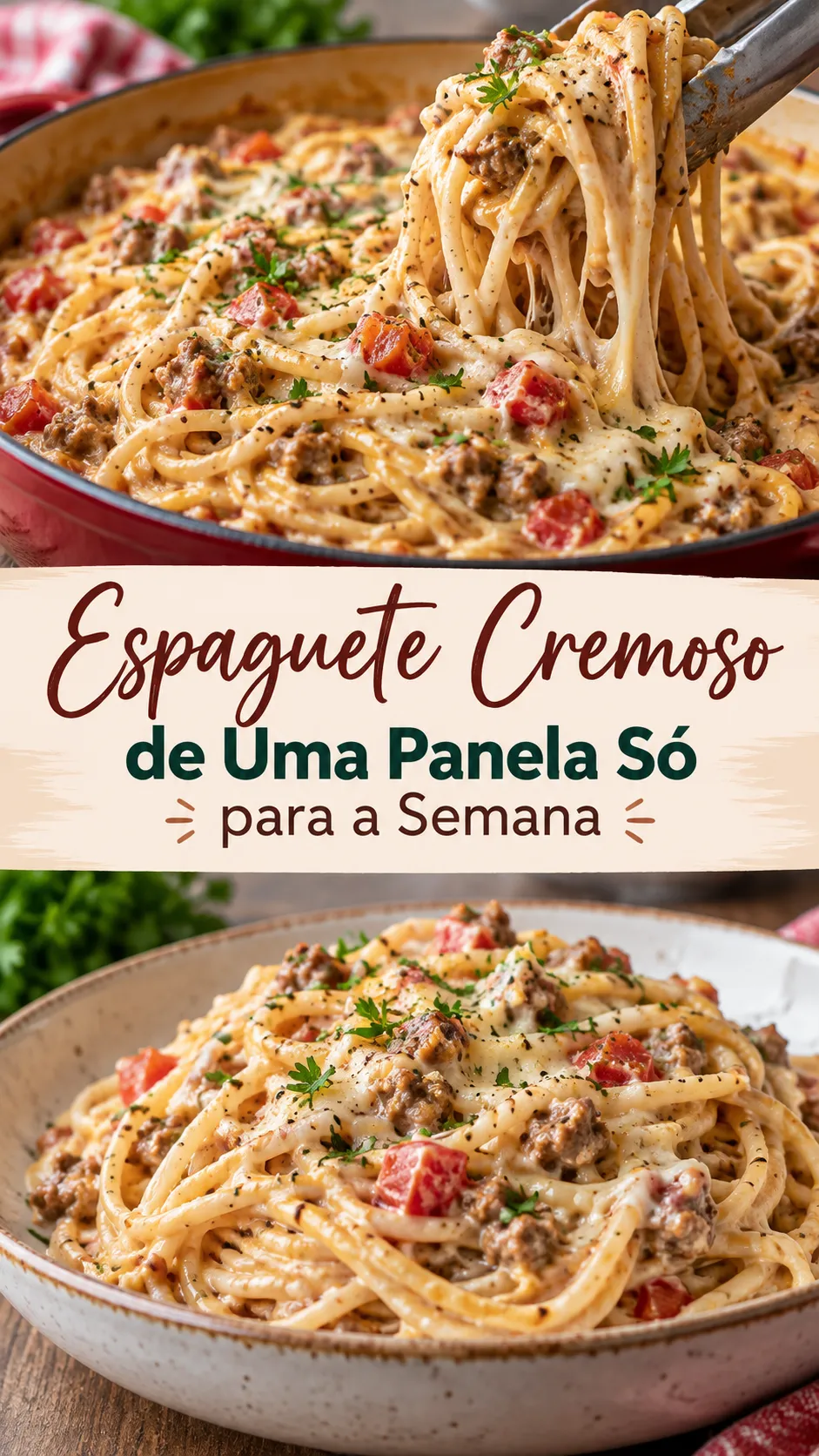Imagem para o Pinterest com o título “Espaguete Cremoso de Uma Panela Só para a Semana” e duas fotos da receita