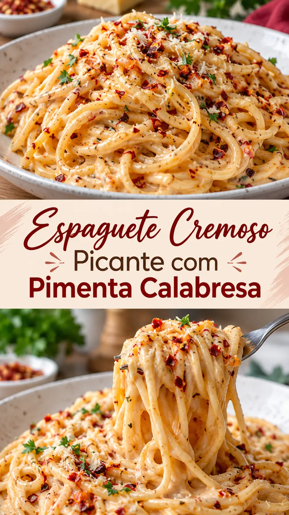 Imagem para o Pinterest com o título “Espaguete Cremoso Picante com Pimenta Calabresa” e duas fotos da receita