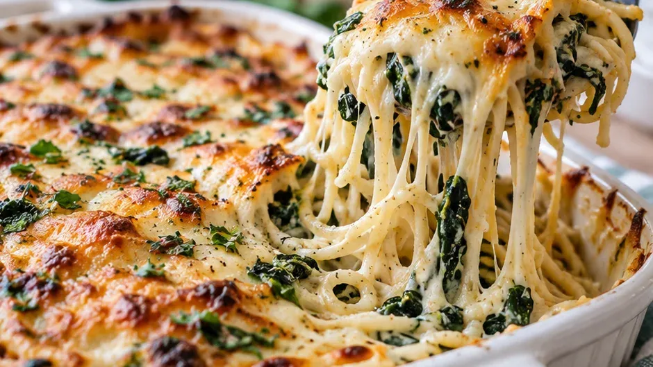Foto de espaguete de Forno Cremoso com Espinafre e Queijo pronto para servir