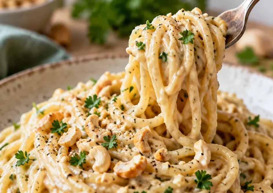 Outra foto de espaguete Vegano Cremoso com Molho de Castanha-de-Caju