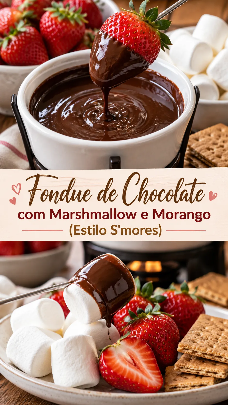 Imagem para o Pinterest com o título “Fondue de Chocolate com Marshmallow e Morango (Estilo S'mores)” e duas fotos da receita