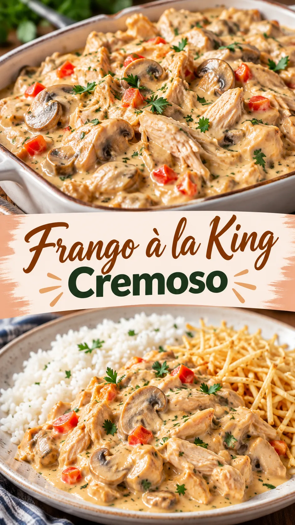 Imagem para o Pinterest com o título “Frango à la King Cremoso” e duas fotos da receita
