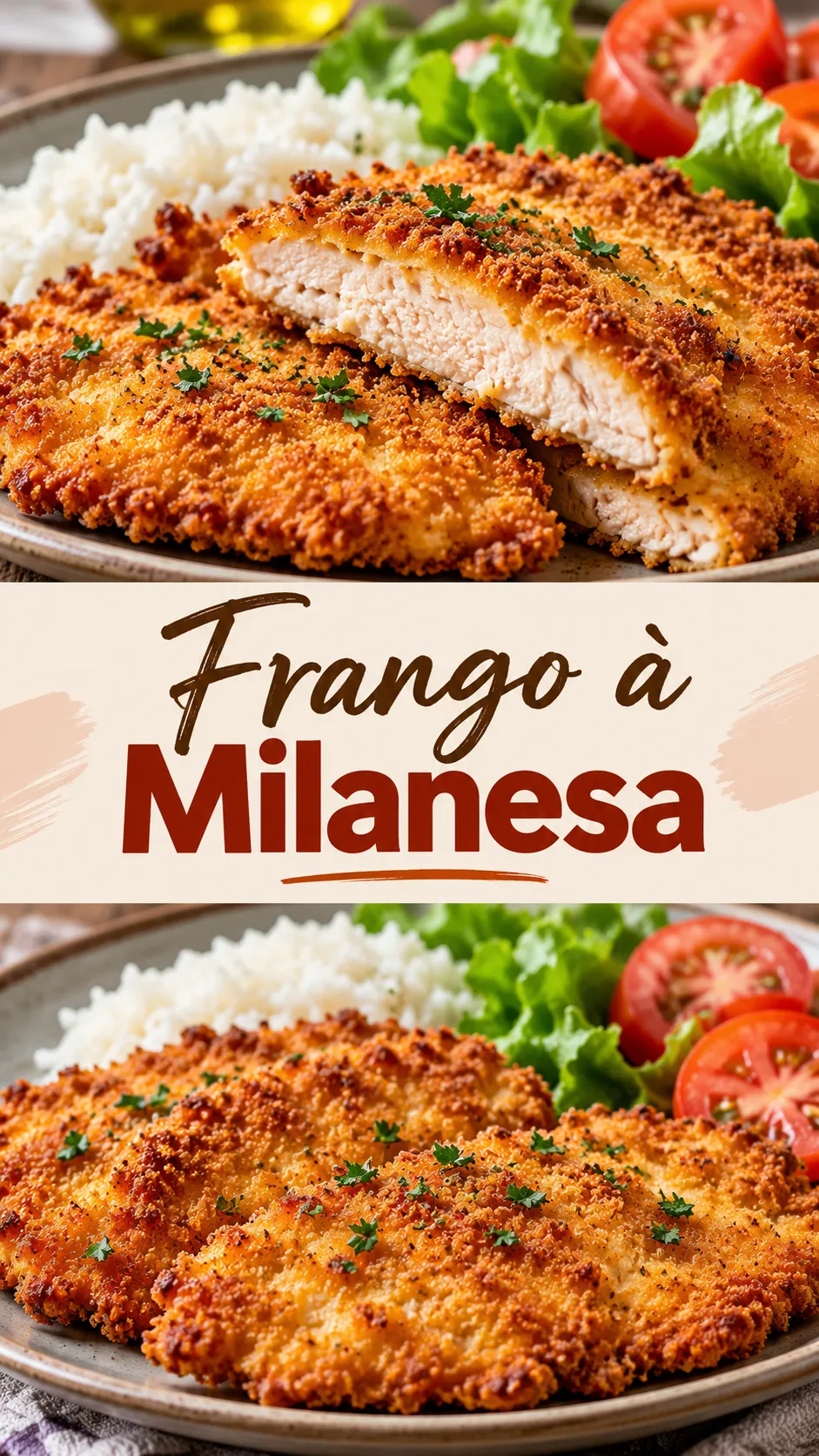 Imagem para o Pinterest com o título “Frango à Milanesa” e duas fotos da receita
