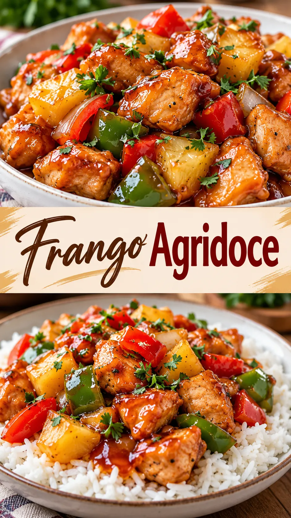 Imagem para o Pinterest com o título “Frango Agridoce” e duas fotos da receita
