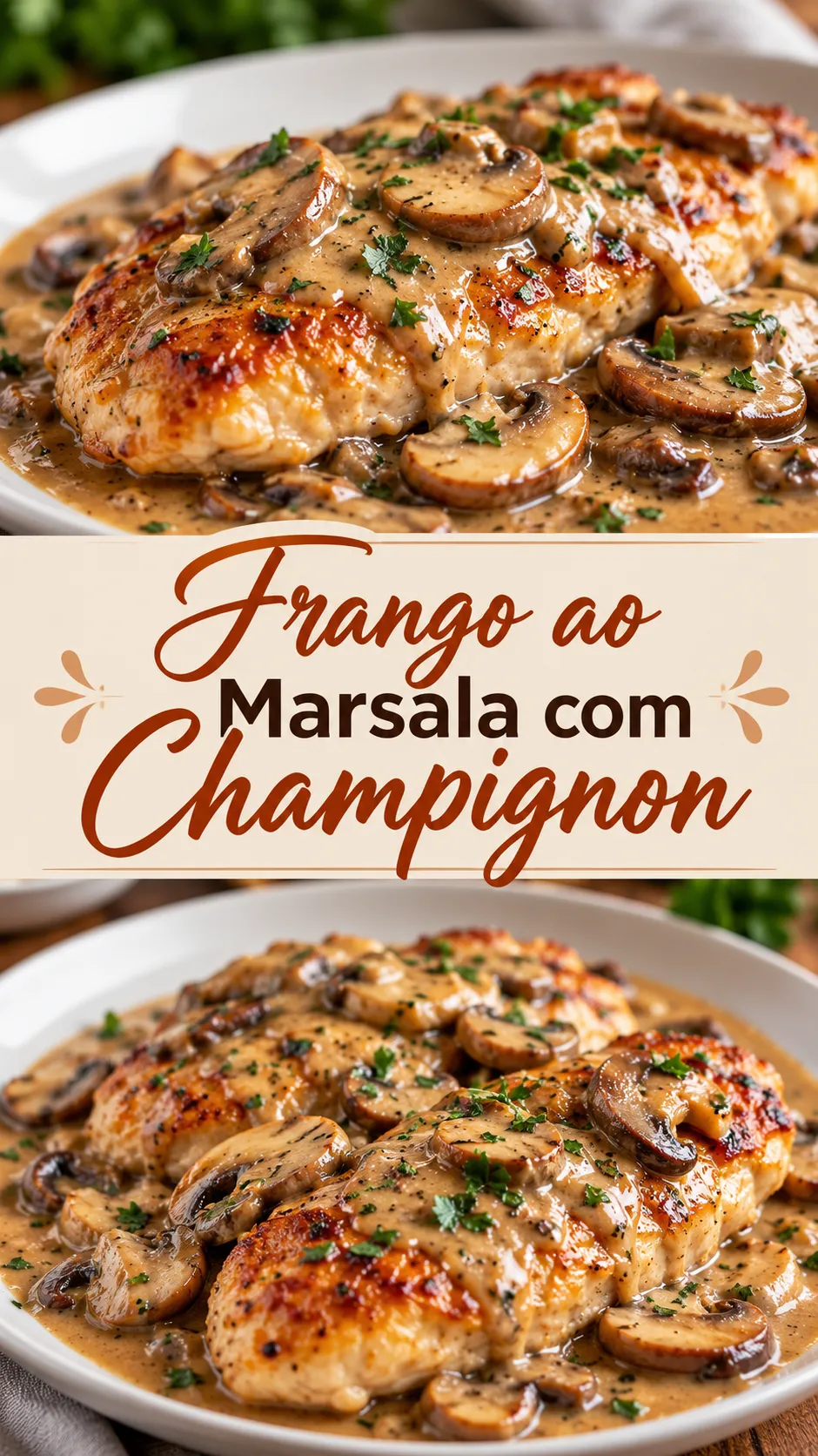 Imagem para o Pinterest com o título “Frango ao Marsala com Champignon” e duas fotos da receita