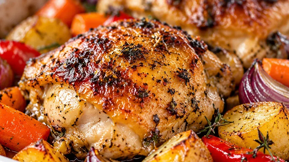Foto de frango Assado com Legumes na Assadeira pronto para servir
