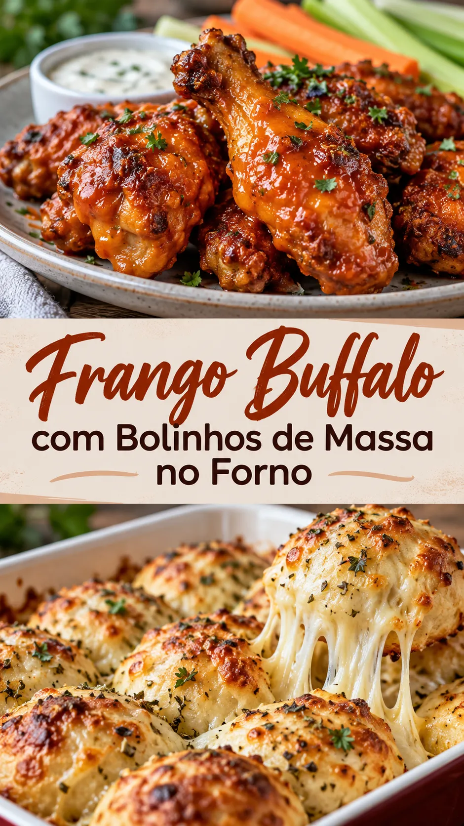 Imagem para o Pinterest com o título “Frango Buffalo com Bolinhos de Massa no Forno” e duas fotos da receita