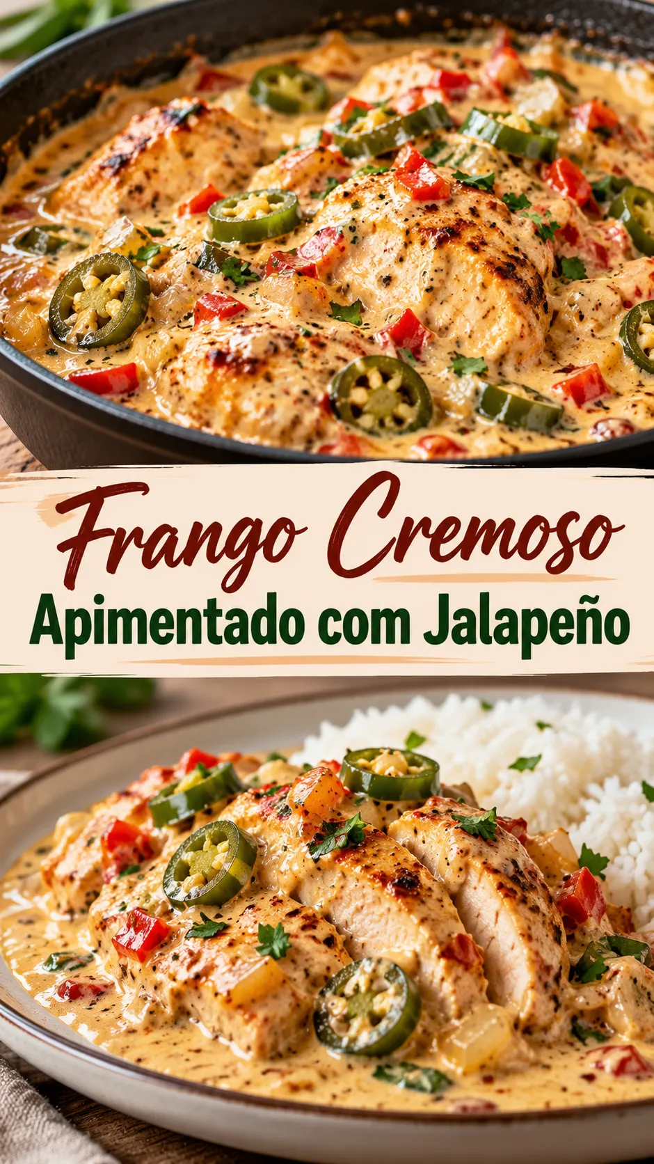 Imagem para o Pinterest com o título “Frango Cremoso Apimentado com Jalapeño” e duas fotos da receita