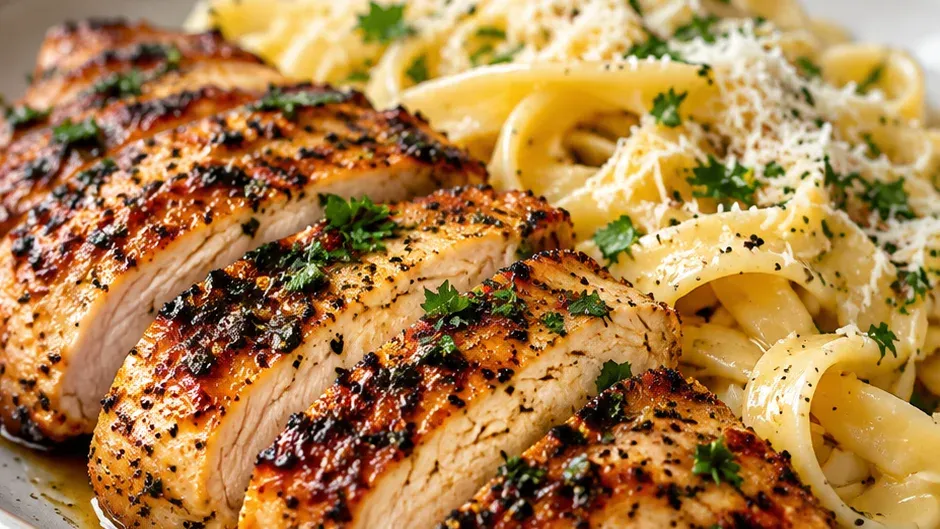 Foto de frango Grelhado com Macarrão na Manteiga pronto para servir