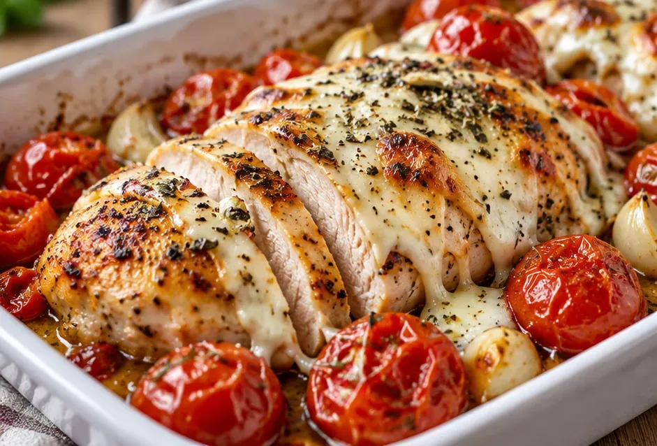 Outra foto de frango no Forno com Tomate-Cereja, Alho e Muçarela