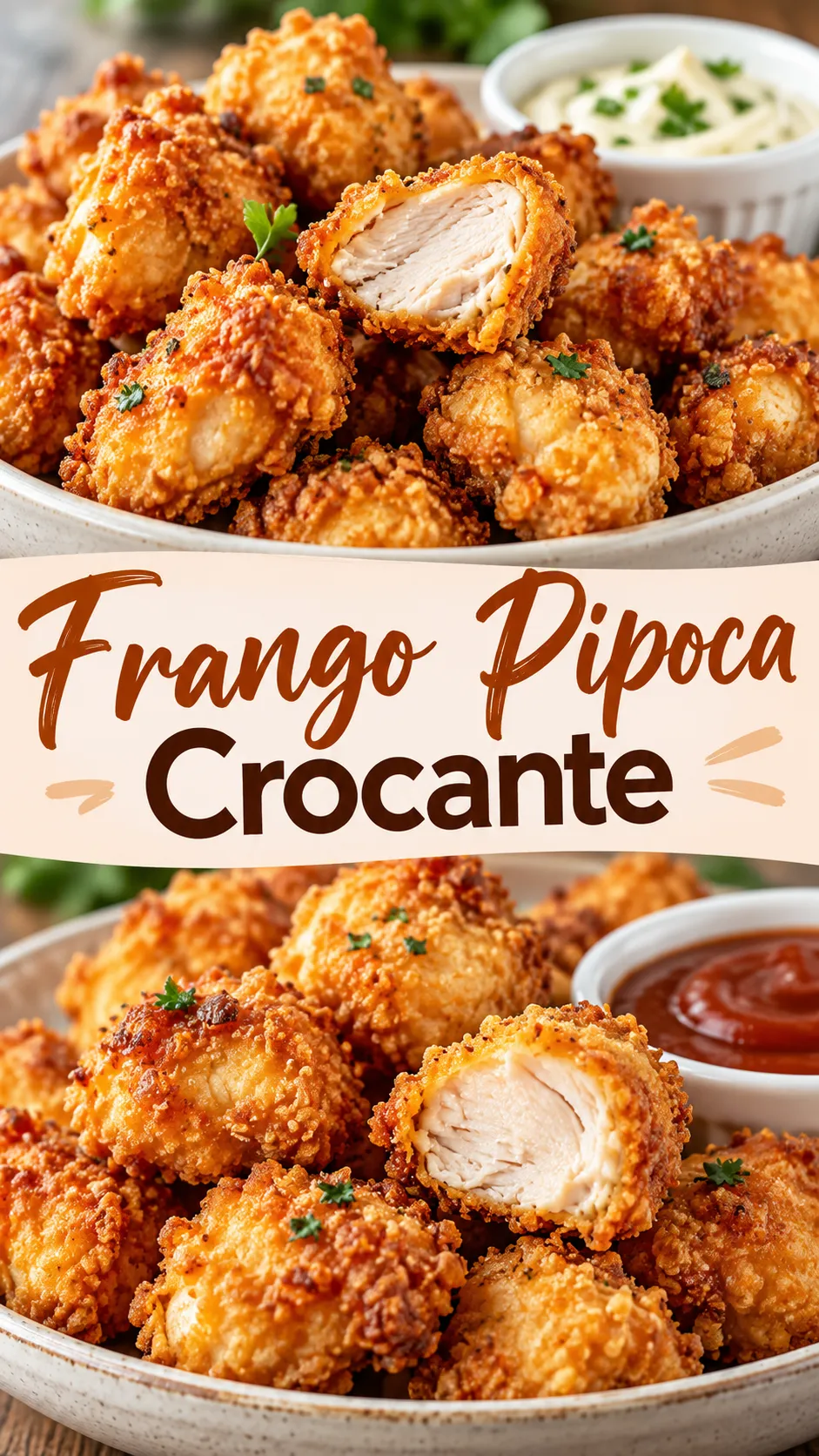 Imagem para o Pinterest com o título “Frango Pipoca Crocante” e duas fotos da receita