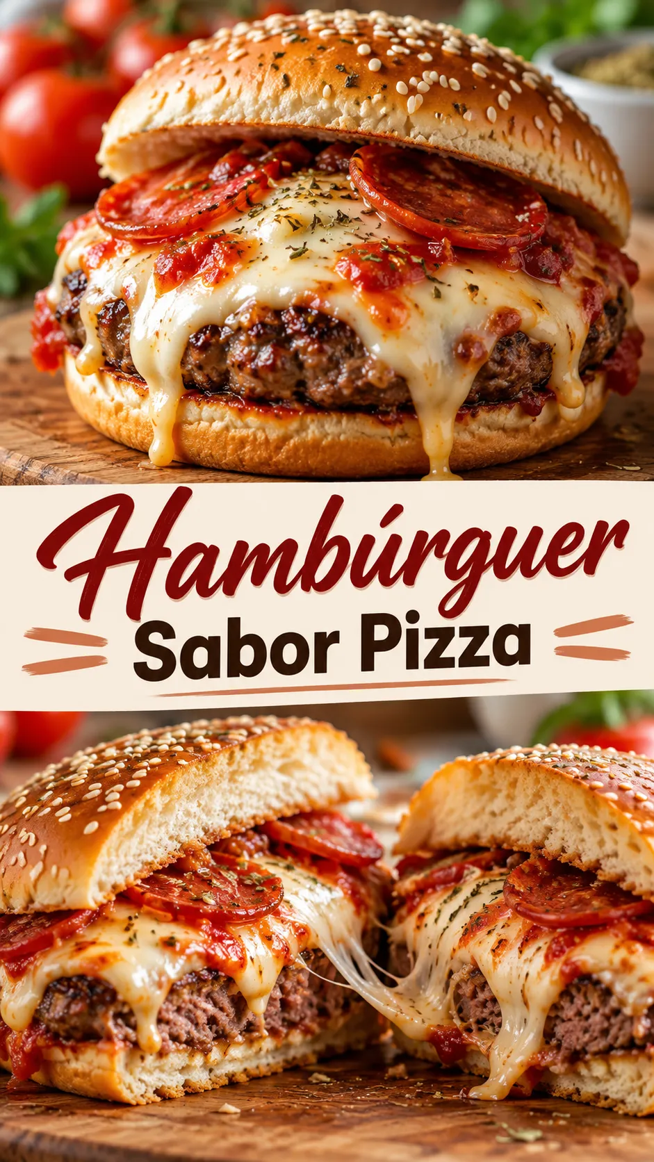 Imagem para o Pinterest com o título “Hambúrguer Sabor Pizza” e duas fotos da receita