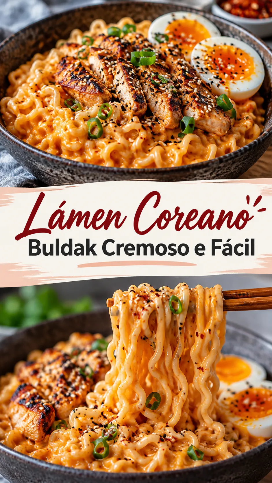 Imagem para o Pinterest com o título “Lámen Coreano Buldak Cremoso e Fácil” e duas fotos da receita