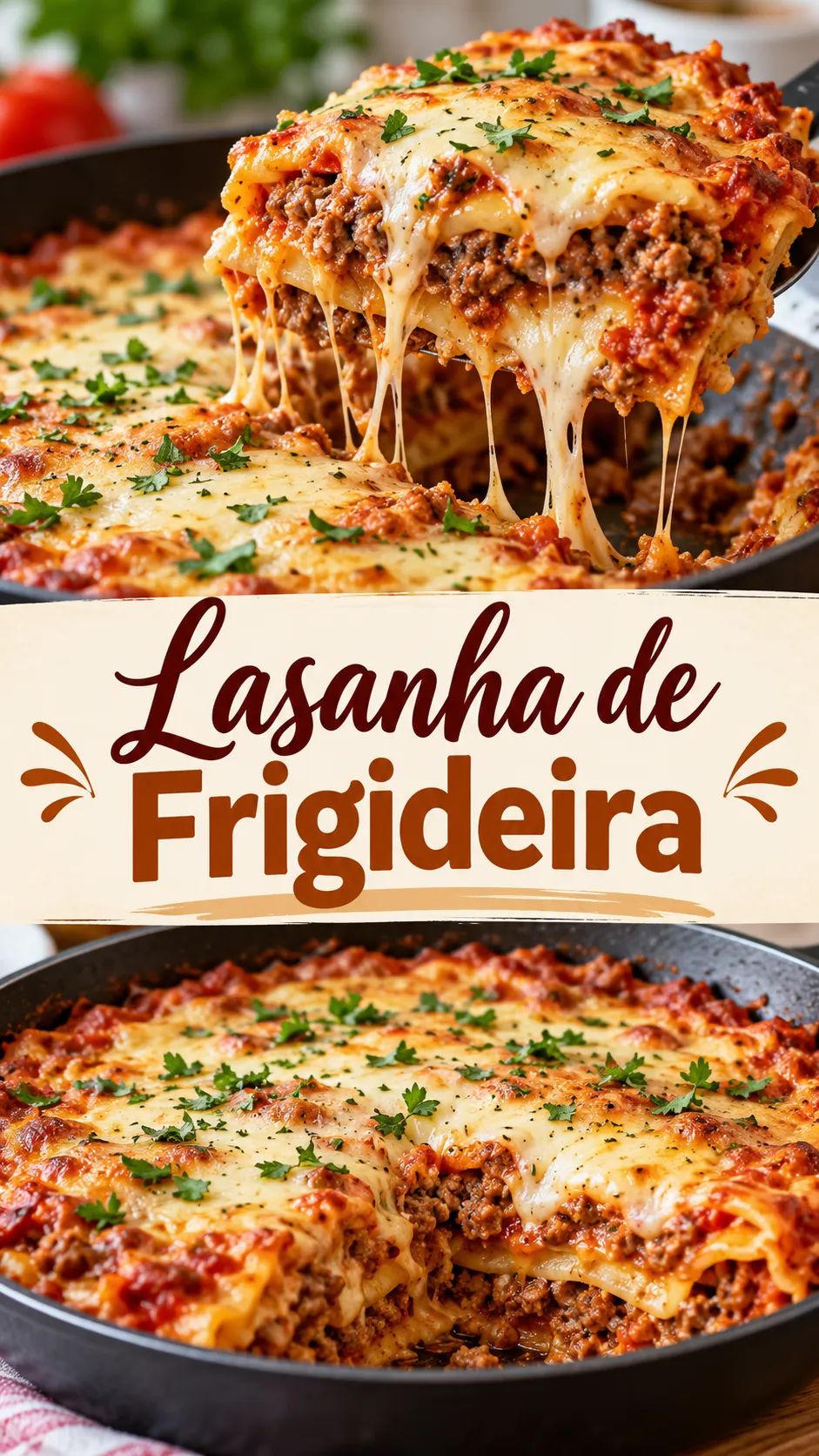 Imagem para o Pinterest com o título “Lasanha de Frigideira” e duas fotos da receita
