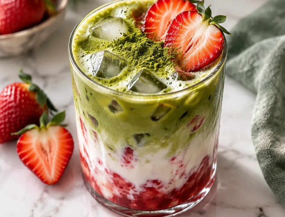 Outra foto de latte Gelado de Matcha com Morango