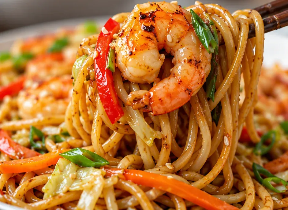 Outra foto de lo Mein de Camarão (Macarrão Chinês com Camarão)