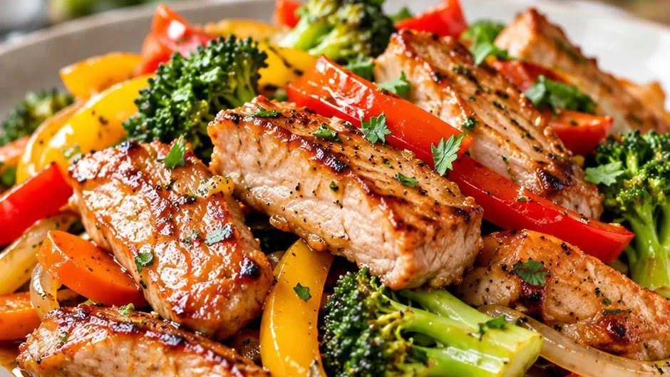 Foto de lombo de Porco Salteado com Legumes pronto para servir