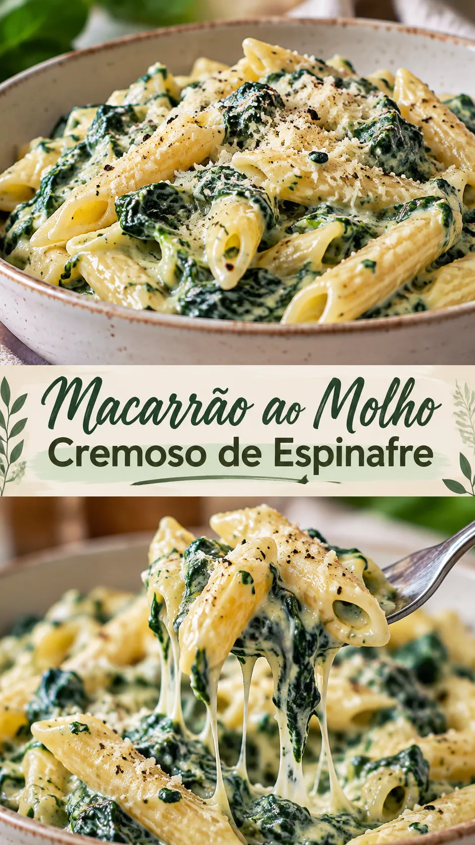 Imagem para o Pinterest com o título “Macarrão ao Molho Cremoso de Espinafre” e duas fotos da receita