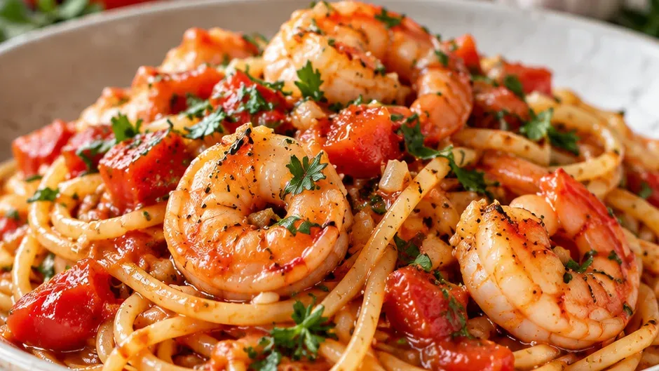 Foto de macarrão com Camarão ao Molho de Tomate Fresco pronto para servir