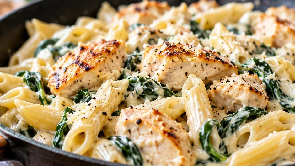 Foto de macarrão com Frango e Espinafre ao Molho Branco pronto para servir