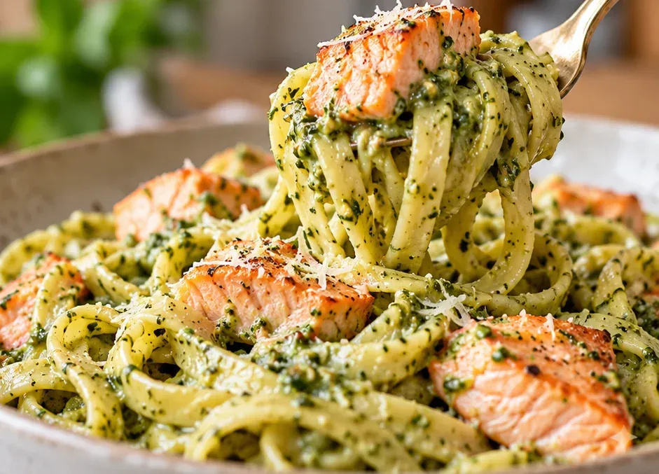 Outra foto de macarrão com Salmão ao Pesto