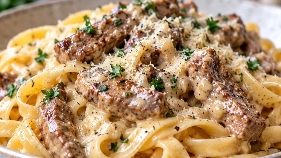 Foto de macarrão com Tirinhas de Filé Mignon ao Molho Cremoso pronto para servir