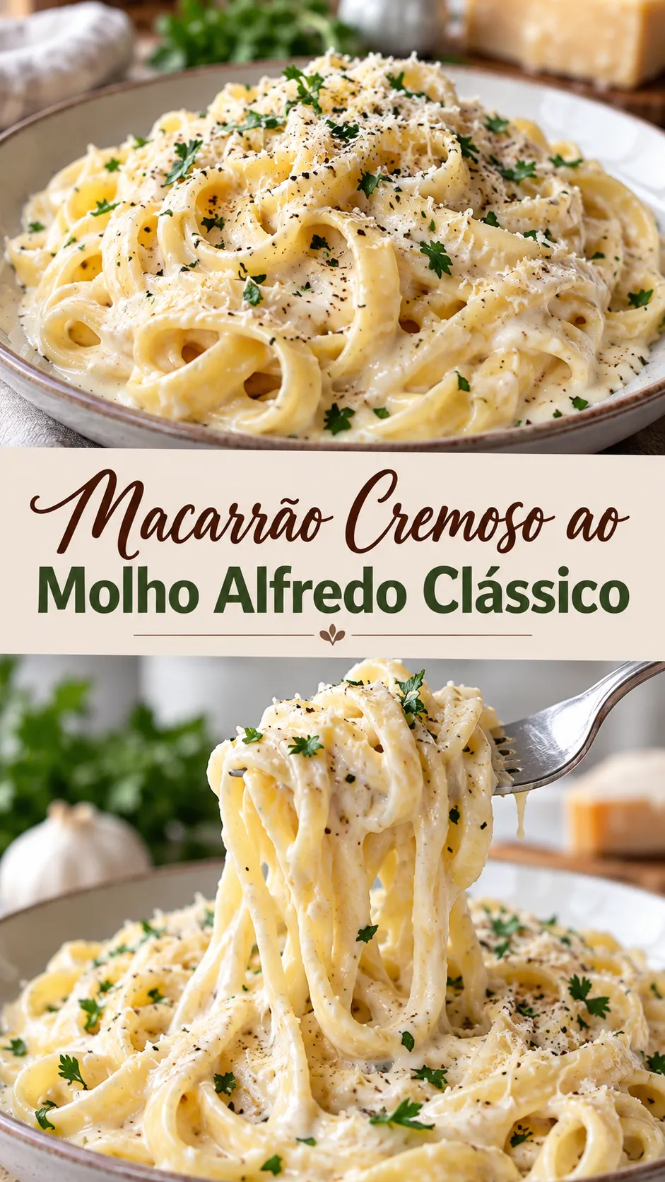 Imagem para o Pinterest com o título “Macarrão Cremoso ao Molho Alfredo Clássico” e duas fotos da receita