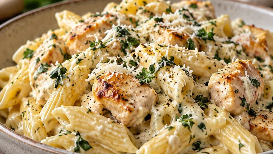 Foto de macarrão Cremoso com Frango, Ervas e Parmesão pronto para servir