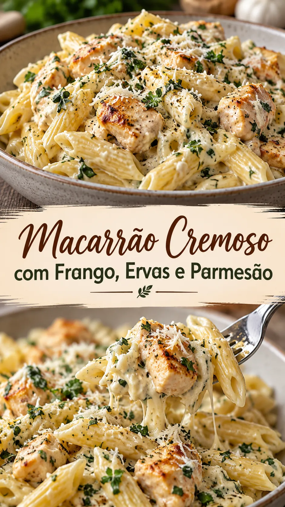 Imagem para o Pinterest com o título “Macarrão Cremoso com Frango, Ervas e Parmesão” e duas fotos da receita