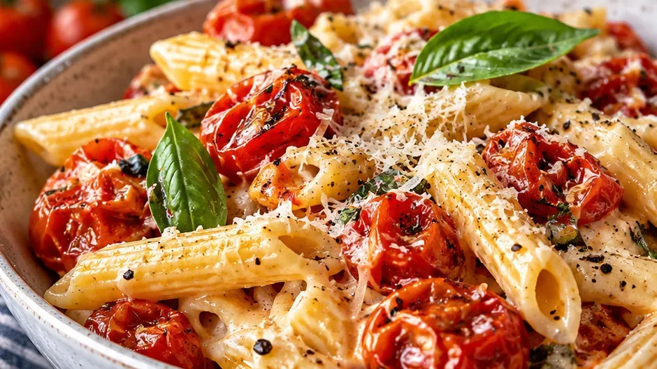 Foto de macarrão Cremoso com Tomate-Cereja Confitado (Jantar em 20 Minutos) pronto para servir