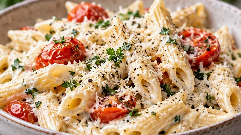 Foto de macarrão Cremoso Saudável com Molho de Iogurte Grego pronto para servir