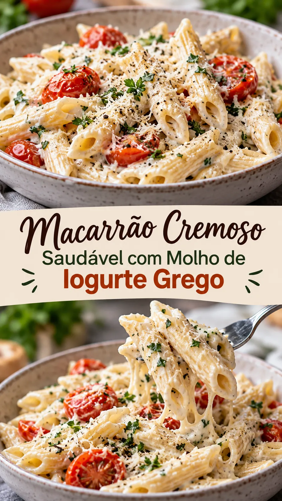 Imagem para o Pinterest com o título “Macarrão Cremoso Saudável com Molho de Iogurte Grego” e duas fotos da receita